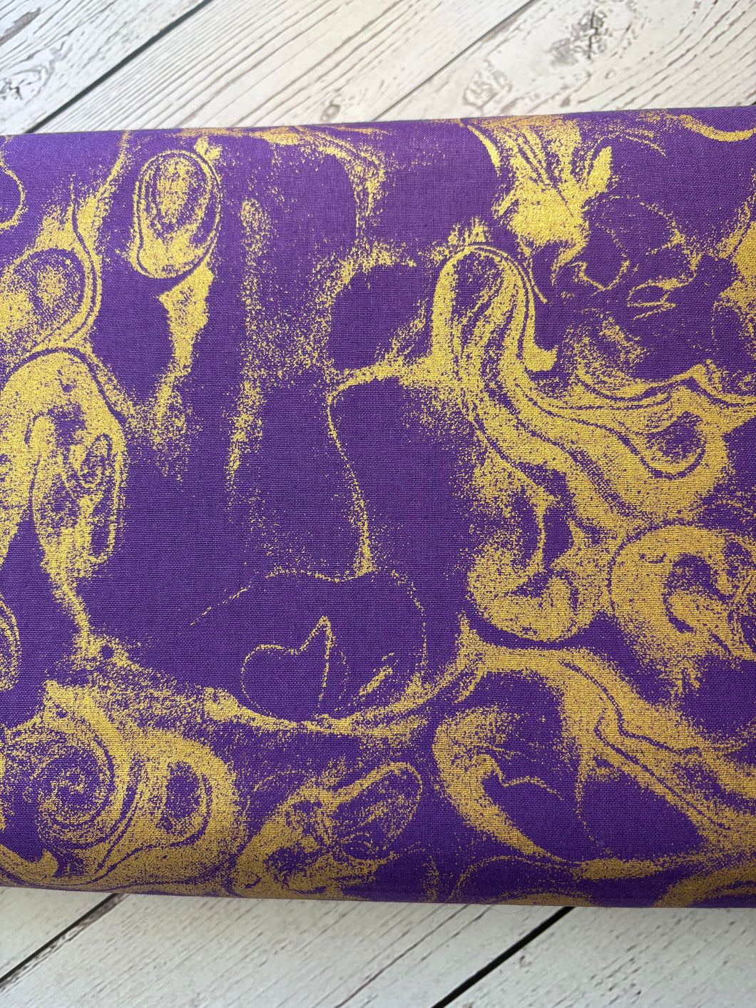 Gold Marbling on Purple Cotton