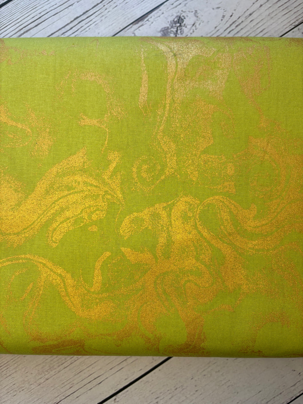 Gold Marbling on Lime Cotton